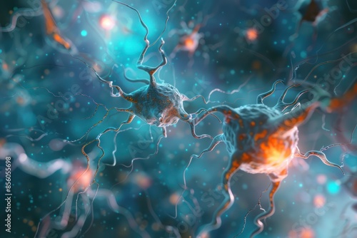 medical iilustration, ultra close-up view of few neuron cells cluster transferring a sygnal to each other photo
