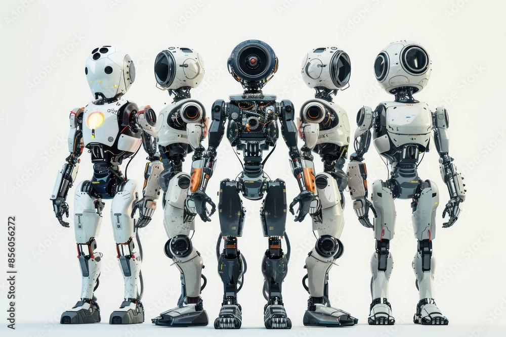 a set of 5 different robots, isolated on white, hyperdetailed, hyperrealistic a set of 5 different robots, isolated on white, hyperdetailed, hyperrealistic