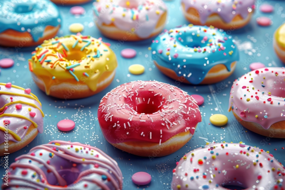 Colorful Donuts with Icing and Sprinkles on Blue Background Colorful Donuts with Icing and Sprinkles on Blue Background
