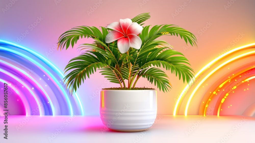 Vibrant potted plant with pink flower, set against colorful neon rainbow lights, creating a fresh and uplifting atmosphere. Vibrant potted plant with pink flower, set against colorful neon rainbow lights, creating a fresh and uplifting atmosphere.