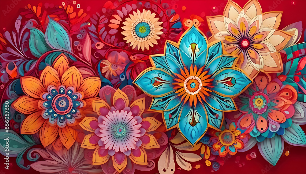 Gold Floral Design on Red Background. Festival Greeting card and banner Gold Floral Design on Red Background. Festival Greeting card and banner