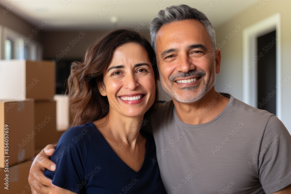 Portrait of a smiling middle aged Hispanic couple in new home Portrait of a smiling middle aged Hispanic couple in new home