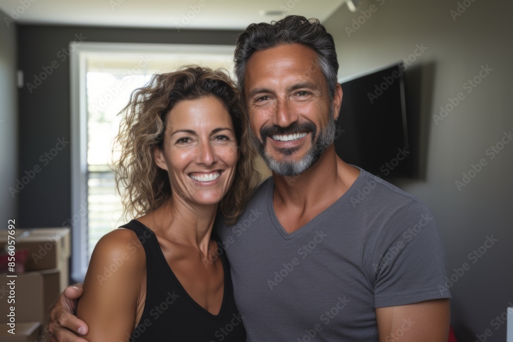 Portrait of a smiling middle aged Hispanic couple in new home Portrait of a smiling middle aged Hispanic couple in new home