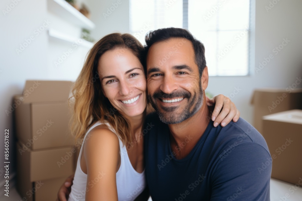 Portrait of a smiling middle aged Hispanic couple in new home Portrait of a smiling middle aged Hispanic couple in new home