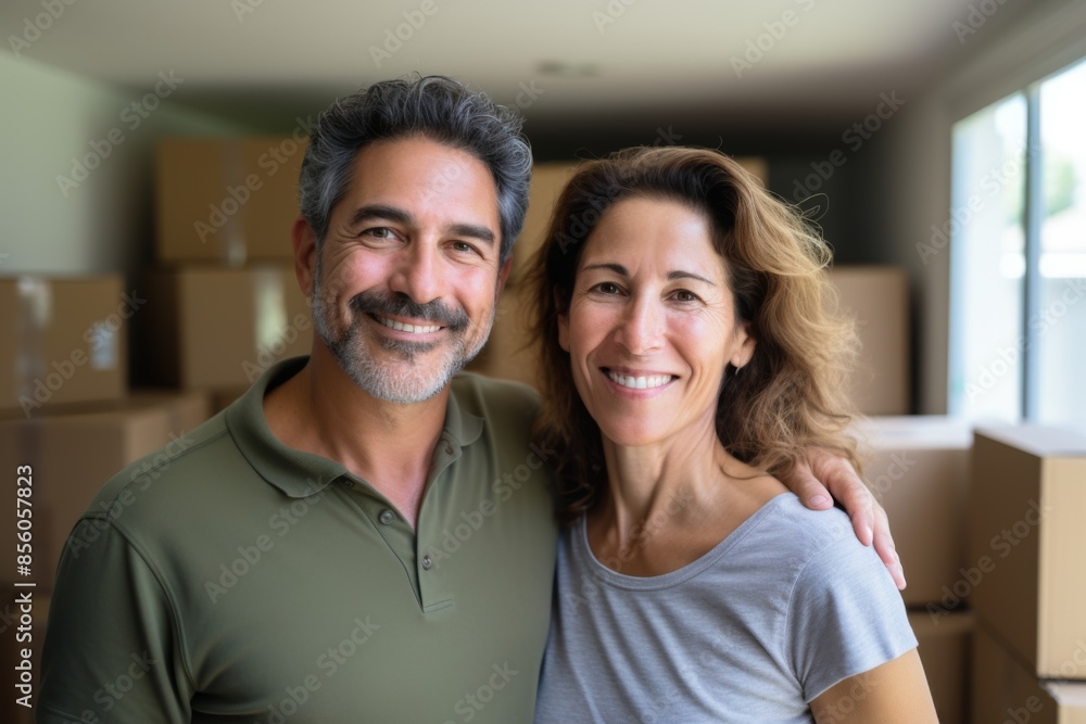 Portrait of a smiling middle aged Hispanic couple in new home Portrait of a smiling middle aged Hispanic couple in new home