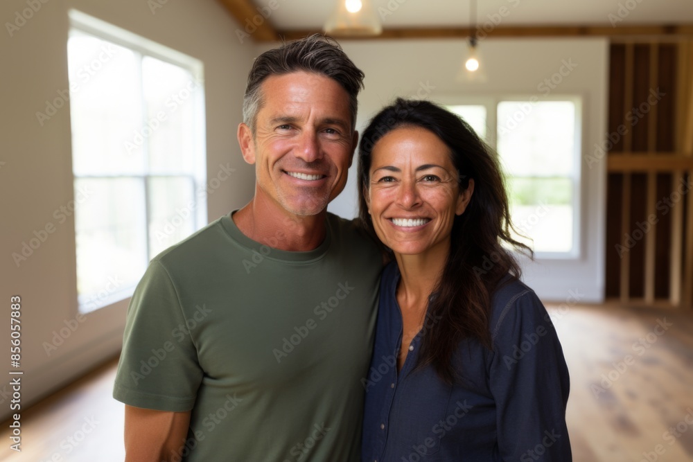 Portrait of a smiling middle aged Hispanic couple in new home Portrait of a smiling middle aged Hispanic couple in new home