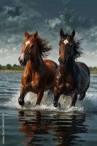 Horses run gallop in_the water Digital painting 