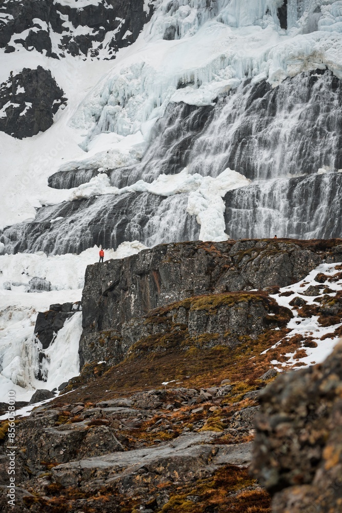 magnificent Dynjandi waterfall in Iceland is covered in a stunning blanket of ice and snow, creating a truly breathtaking sight, a hiker in a red jacket enjoying the scenery magnificent Dynjandi waterfall in Iceland is covered in a stunning blanket of ice and snow, creating a truly breathtaking sight, a hiker in a red jacket enjoying the scenery