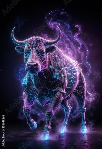 A crypto digital bull in blue and purple glowing colors is running in 3D rendered style.
