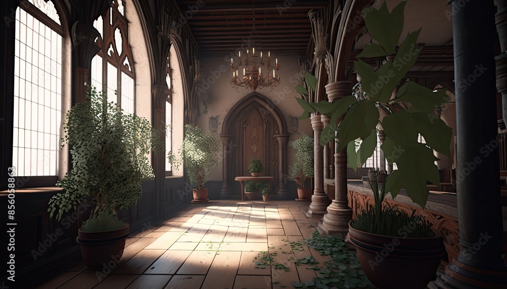 Large hall of medieval palace in gothic style. Large hall of medieval palace in gothic style.