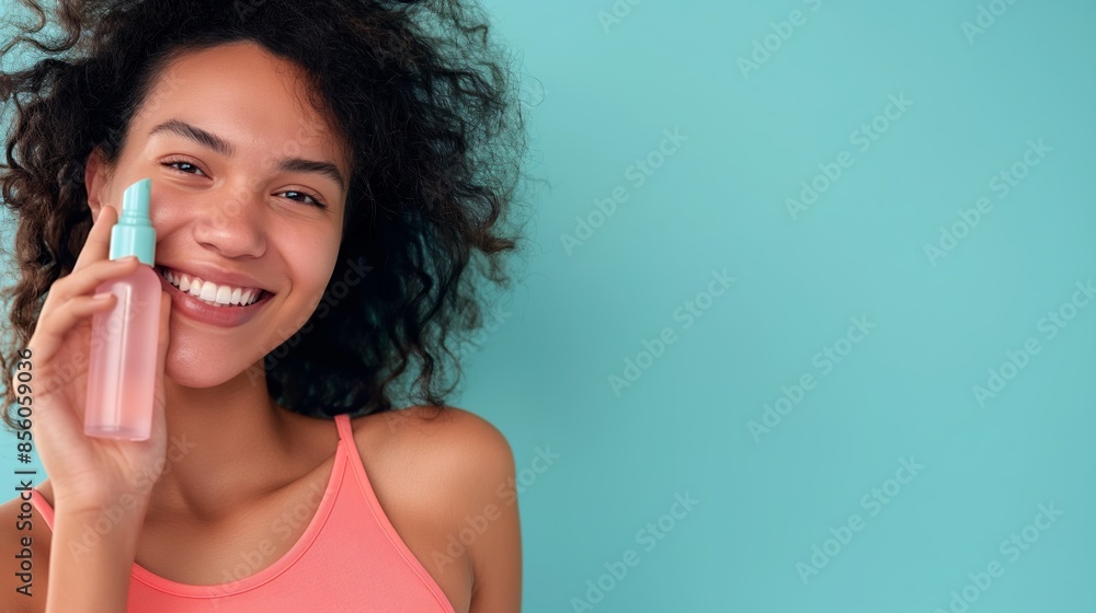 Cheerful young woman presenting a skincare product with a radiant smile, inviting view