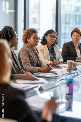 Business professionals having a meeting in an office, discussing teamwork and collaboration.
