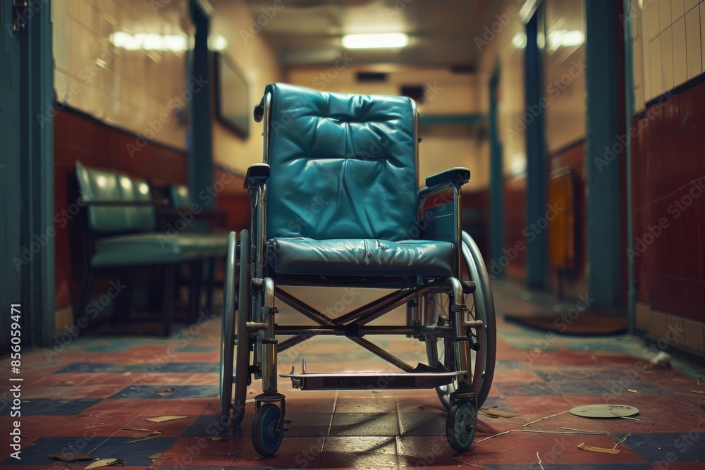 Obraz premium Wheelchair in Abandoned Hospital Hallway