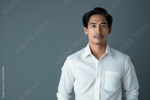 Smart and cheerful Asian businessman in an isolated studio portrait.