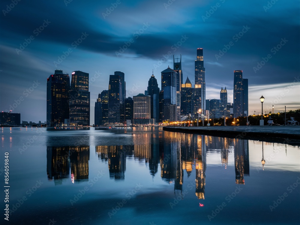 Naklejka premium A cityscape at night with a river in front, reflecting the lights of the buildings.