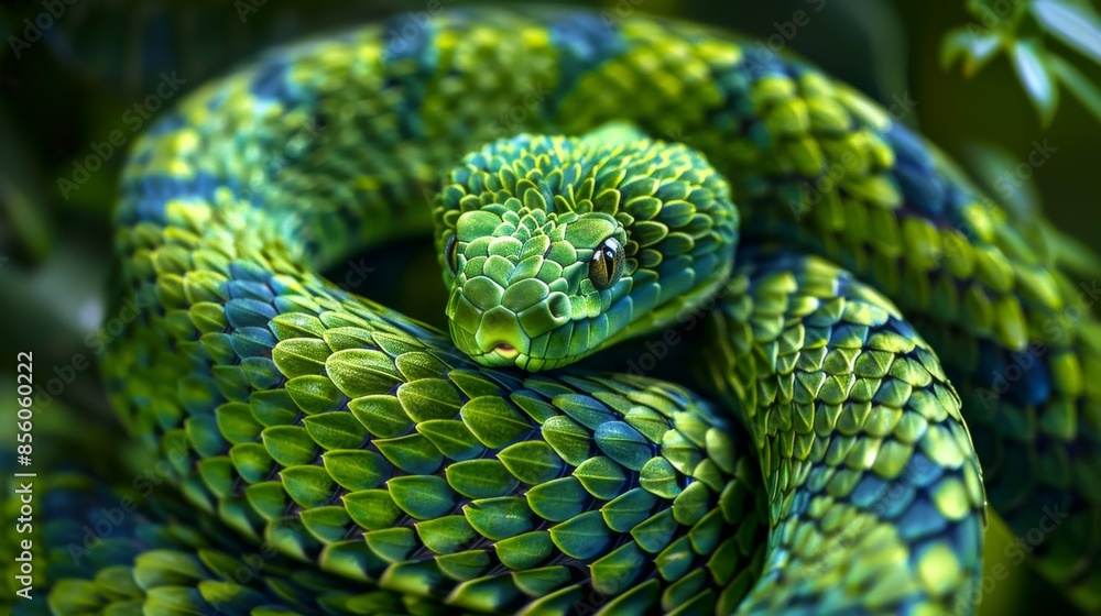 Vibrant Green Snake Coiled in Foliage, Generative AI Vibrant Green Snake Coiled in Foliage, Generative AI
