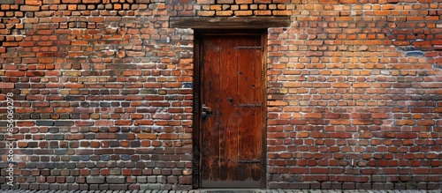Wooden door on brick wall. ...