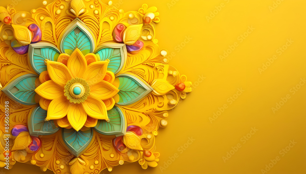 Obraz premium Golden Floral Mandala With Glowing Lights and Purple Flowers. Festival Greeting card and banner