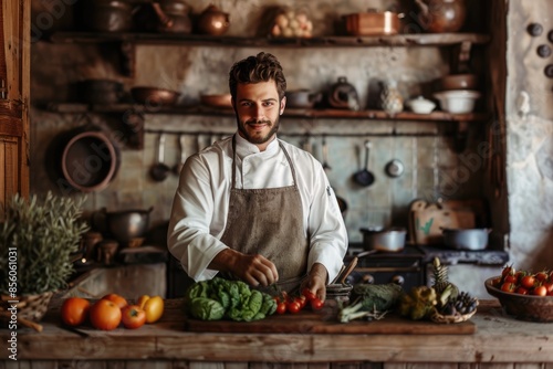 Experienced chef cooking with fresh ingredients in rustic kitchen, using traditional techniques AIG58 photo