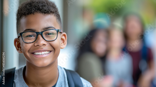 Um adolescente sorrindo na escola com um fundo desfocado.