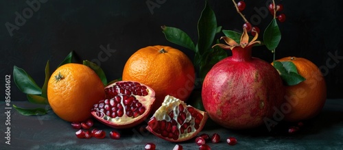 Fototapeta Naklejka Na Ścianę i Meble -  still life with pomegranate and tangerine in a dark key. Composition of fruits on black background. Ingredients for fresh juice. with copy space image. Place for adding text or design