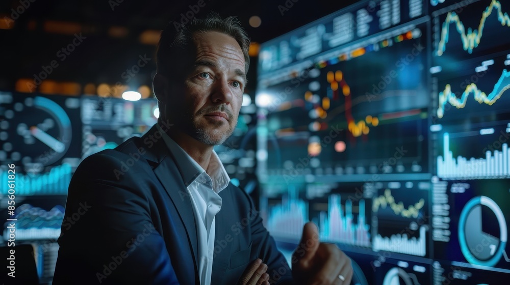 Businessman analyzing stock market data on multiple screens in modern office setting, discussing financial strategy and market trends. Businessman analyzing stock market data on multiple screens in modern office setting, discussing financial strategy and market trends.