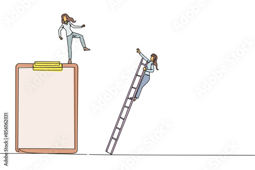 Single continuous line drawing businesswoman kicks opponent who is climbing a big clipboard with a ladder. The bully will ruin the daily report. Chase away bullies. One line design vector illustration