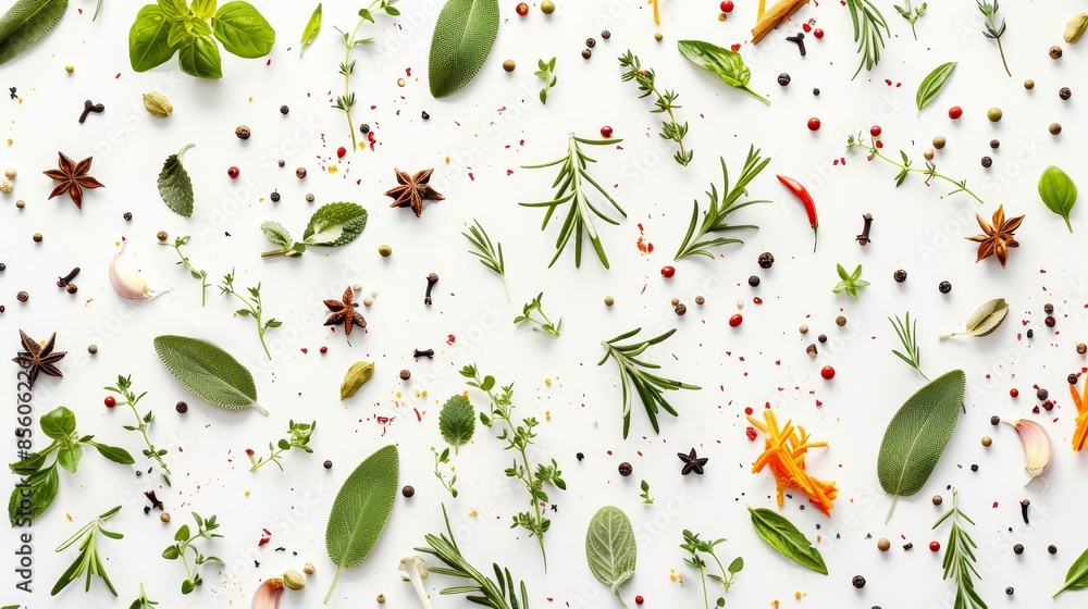 Overhead panorama of culinary herbs and spices arranged in a flat lay pattern on white. Overhead panorama of culinary herbs and spices arranged in a flat lay pattern on white.