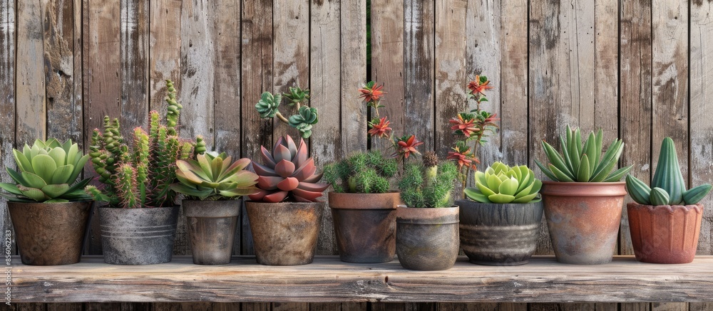 collection of succulent plants in pots on wooden plank. with copy space image. Place for adding text or design collection of succulent plants in pots on wooden plank. with copy space image. Place for adding text or design