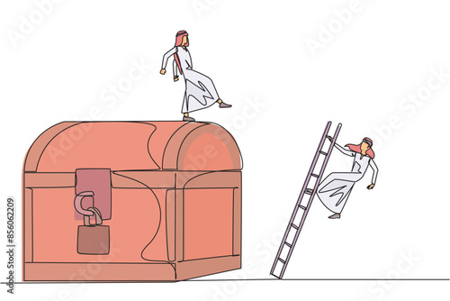 Single continuous line drawing Arabian businessman kicks opponent who climbs treasure chest with ladder. Greed for wealth. Betrayal. Unfair business competition. One line design vector illustration
