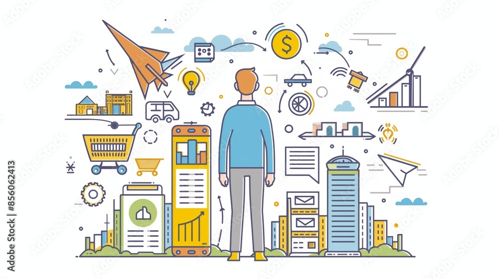 Fototapeta premium Startup online shopping company milestones infographics. Businessman looking to the future. Modern illustration in linear style