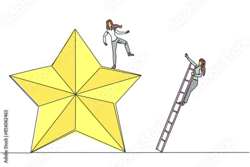 Continuous one line drawing businesswoman kicks opponent who is climbing the star with a ladder. Dropping opponents from achieving the same dream. Rival. Single line draw design vector illustration