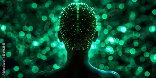 An individual with luminous green neural connections in a digital world. Concept Digital Art, Futuristic Design, Cybernetic Themes, Artificial Intelligence, Virtual Reality photo