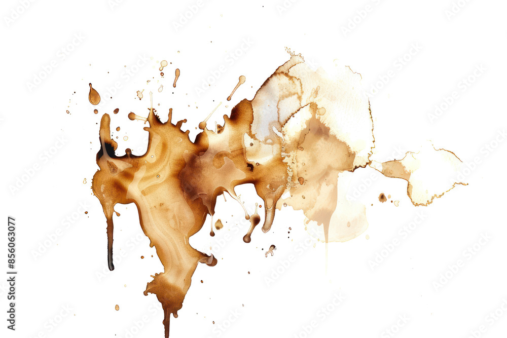 Artistic Coffee Stain Splash on Transparent or White Background, Abstract Brown Liquid Spill Texture for Creative Designs, PNG