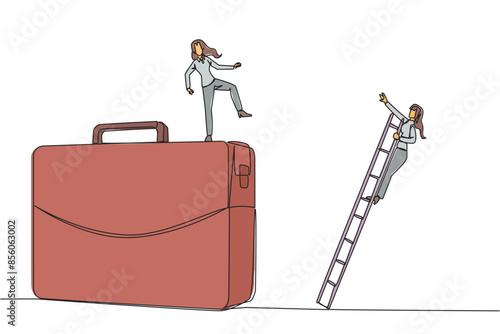 Single continuous line drawing businesswoman kicks opponent who is climbing the briefcase with a ladder. Keep away from intruders who disturb business trips. Rival. One line design vector illustration