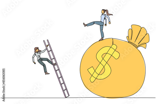 Single one line drawing businesswoman kicks opponent who climbing the money bag with a ladder. Cheated by a business partner. Unprofitable business. Rival. Continuous line design graphic illustration