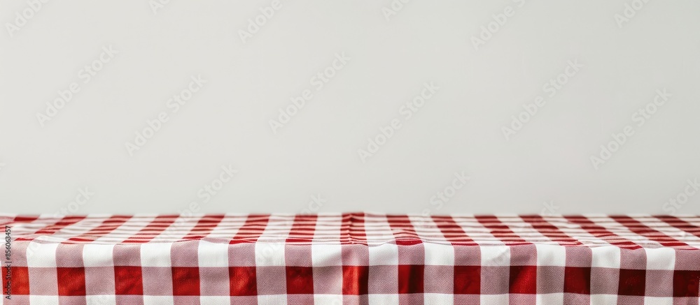 Red and white fabric tablecloth checkered on white background with copy space. Copy space image. Place for adding text or design Red and white fabric tablecloth checkered on white background with copy space. Copy space image. Place for adding text or design