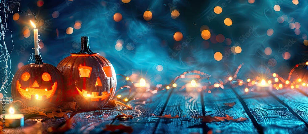 Halloween - Jack O' Lanterns - Candles And String Lights On Wooden Table. Copy space image. Place for adding text or design Halloween - Jack O' Lanterns - Candles And String Lights On Wooden Table. Copy space image. Place for adding text or design