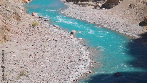 Closeup shot of blue colored Tsarap Chu river flowing in the remote areas of Zanskar as seen during the trek to Phugtal Gompa in Zanskar Valley, Ladakh, India. Blue colored river flowing in Himalayas. photo