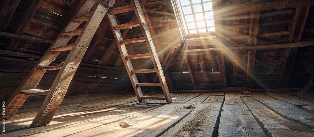 Fototapeta premium A wooden ladder in the attic in a rustic interior. with copy space image. Place for adding text or design