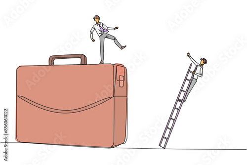 Single one line drawing businessman kicks opponent who is climbing the briefcase with a ladder. Keep away from intruders who disturb business trips. Rival. Continuous line design graphic illustration