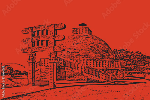 Sanchi Stupa vector illustration. Architectural Brilliance on a Hilltop. A Symbol of Buddhist Architecture and Art. A UNESCO World Heritage Site. 