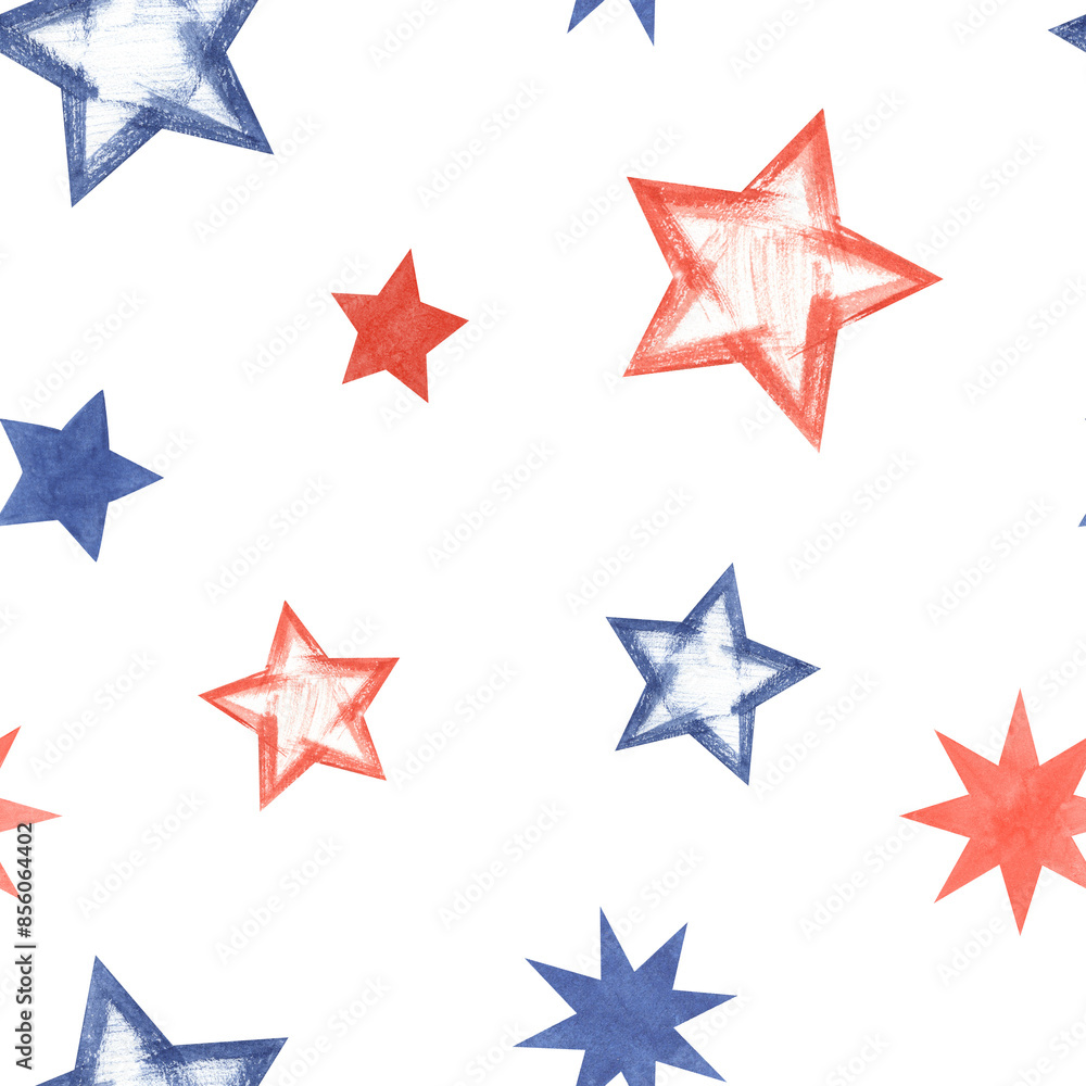 Red, blue stars in various shapes. Seamless pattern of stars in American flag colors. Textured painted smears. Traditional national symbol. Watercolor illustration. Holiday ornate for party textile Red, blue stars in various shapes. Seamless pattern of stars in American flag colors. Textured painted smears. Traditional national symbol. Watercolor illustration. Holiday ornate for party textile