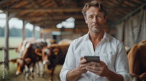 Cow Breeder Using Tablet in Barn