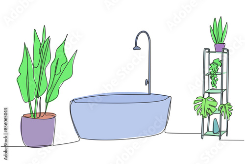 Continuous one line drawing stylish bathroom with furniture modern. bathroom in the staycation location. Natural feel. Maintain neatness and cleanliness. Single line draw design vector illustration