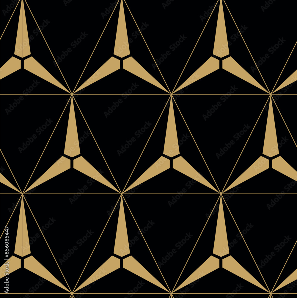 Abstract geometric pattern with triangle, lines and stripes on black background. A seamless vector background. Graphic modern pattern. Black and gold pattern.