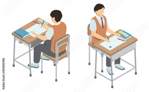アイソメトリックイラスト：学校の机で勉強する男子高校生(夏服)