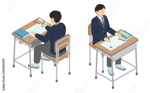 アイソメトリックイラスト：学校の机で勉強する男子高校生 © stomy