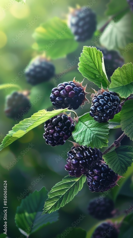 Close-up of ripe blackberries on the branch, nature background with green leaves. Organic fruits and healthy eating concept Close-up of ripe blackberries on the branch, nature background with green leaves. Organic fruits and healthy eating concept