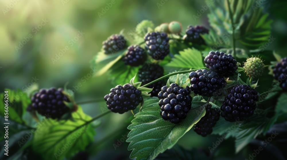 Ripe blackberries on shrub with green leaves, close-up view. Natural fruit garden concept Ripe blackberries on shrub with green leaves, close-up view. Natural fruit garden concept